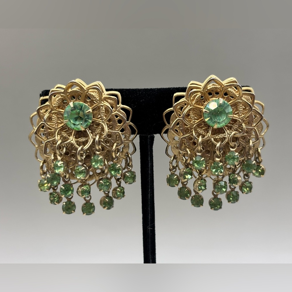 Vintage Sarah Coventry ? Green Rhinestone Filigree Waterfall Cascade  Earrings
